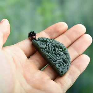 Natural Green HETIAN Jades Dragon Phoenix Pendant Necklace