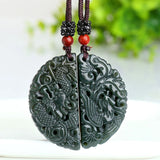 Natural Green HETIAN Jades Dragon Phoenix Pendant Necklace