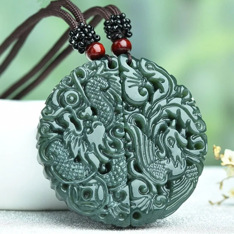 Natural Green HETIAN Jades Dragon Phoenix Pendant Necklace