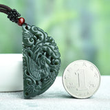 Natural Green HETIAN Jades Dragon Phoenix Pendant Necklace