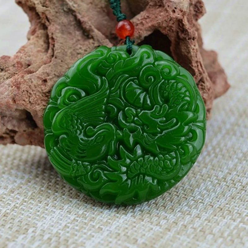 Green Jade Dragon Phoenix Pendant Boutique Jewelry Necklace