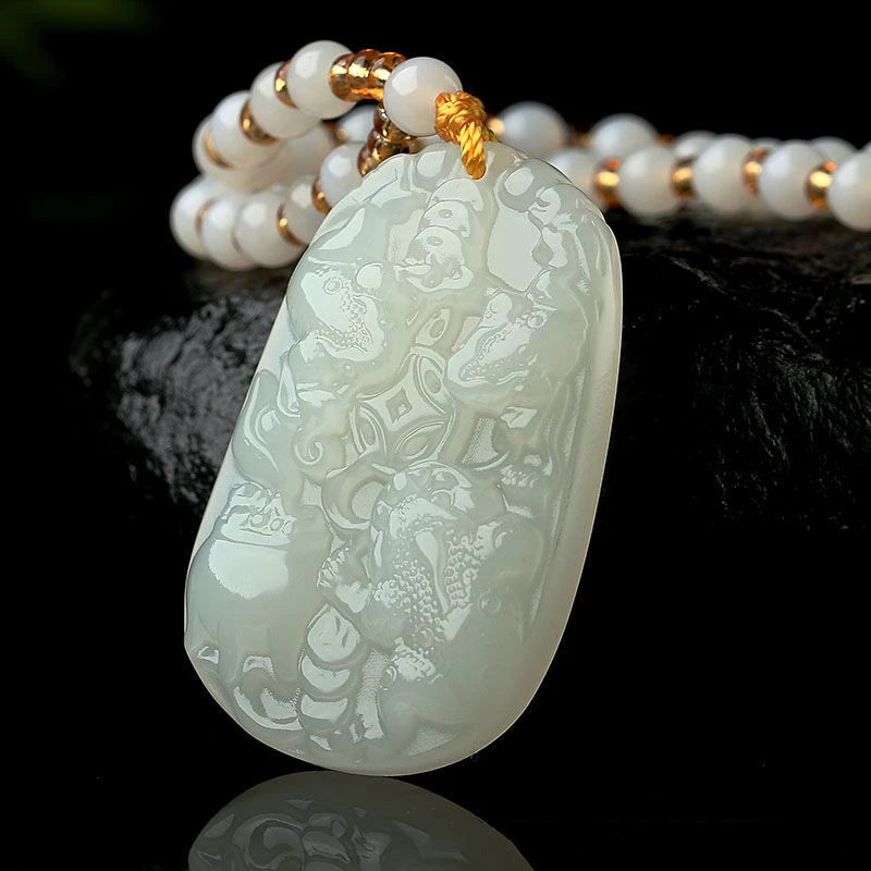 Green Hand Carved Golden Toad Jade Pendant Necklace