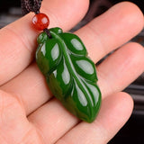 Hand Carved Leaf Jade Pendant Golden Branches Necklace