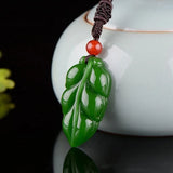 Hand Carved Leaf Jade Pendant Golden Branches Necklace