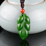 Hand Carved Leaf Jade Pendant Golden Branches Necklace