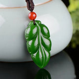Hand Carved Leaf Jade Pendant Golden Branches Necklace