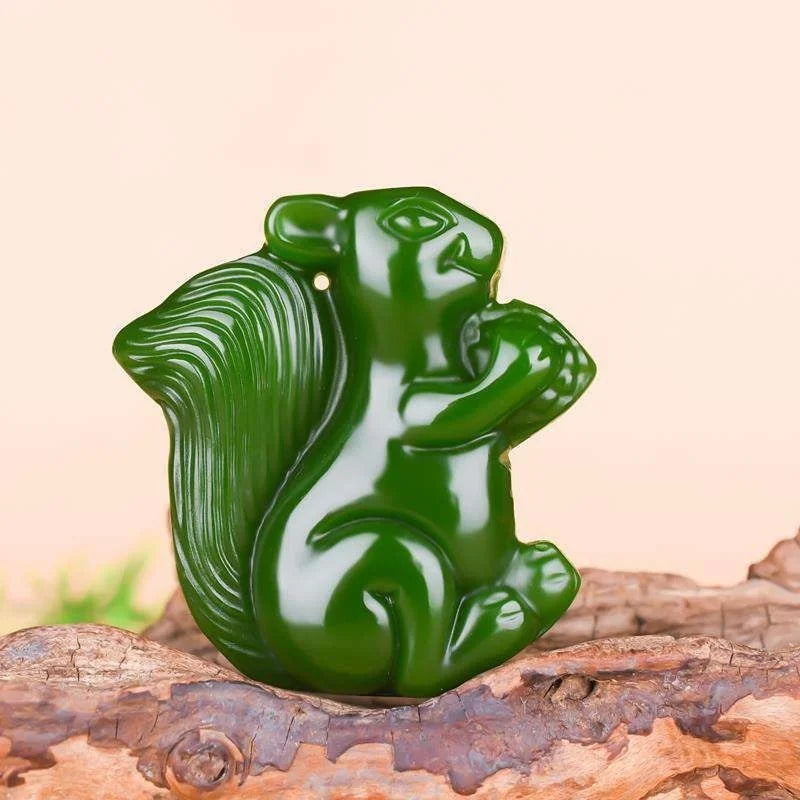 Green Hand Carved Squirrel Jade Pendant Jewelry Men's Women's Gift