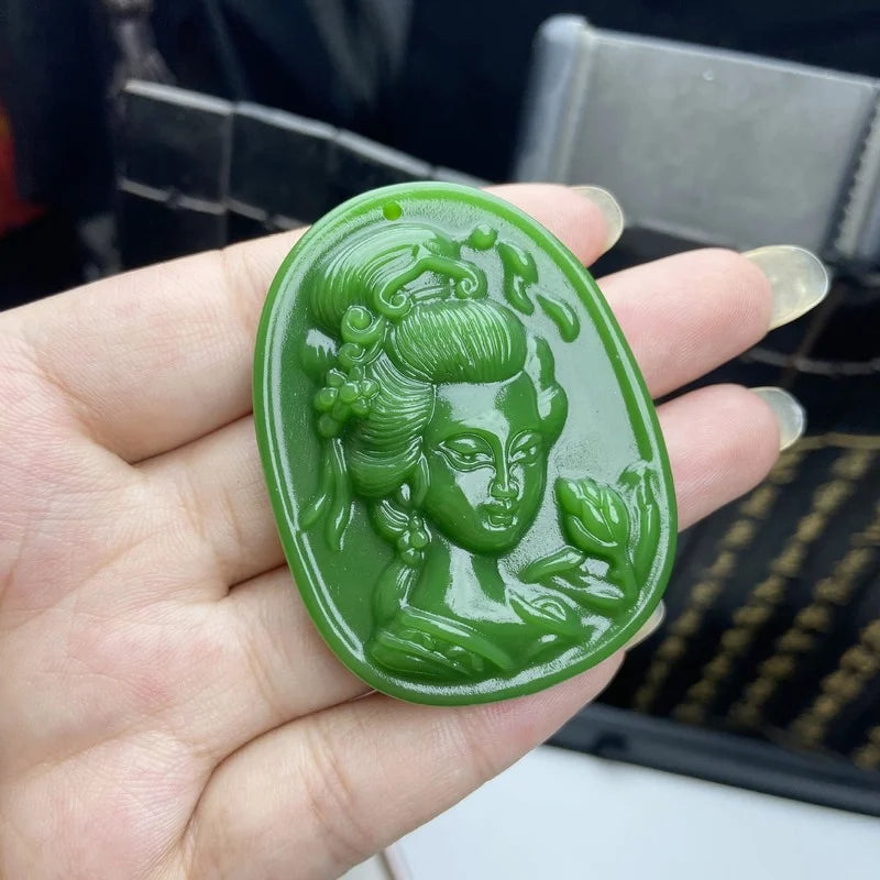 Natural Green Hand-carved Beauty Jade Pendant Couple Necklace Gift