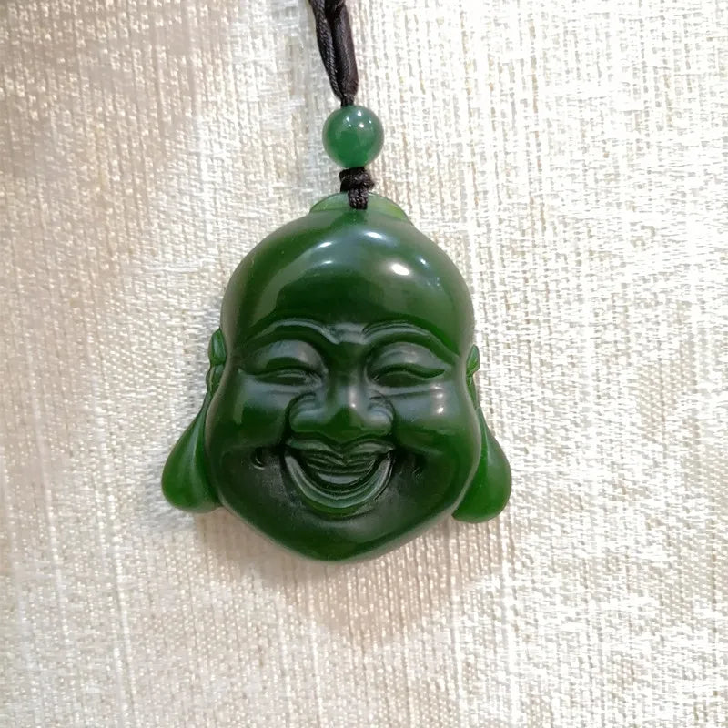 Green Hand-carved Buddha Head Jade Pendant Necklace