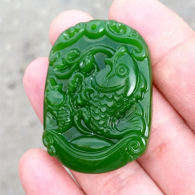 Hand-carved Carp Jade Pendant, Zodiac Necklace Gift