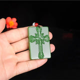Green Hand-carved Jade Cross Pendant Jesus Necklace Gift Men Women