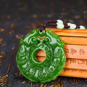 Dragon Jade Pendant Necklace Safety Buckle Spinach Green Double Animal Pendant