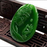 Green Hand-carved Guanyin Jade Pendant Men Women Bodhisattva Necklace