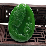 Green Hand-carved Guanyin Jade Pendant Men Women Bodhisattva Necklace
