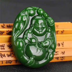 Natural Green Hand-carved Jade Buddha Pendant Necklace
