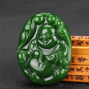 Natural Green Hand-carved Jade Buddha Pendant Necklace
