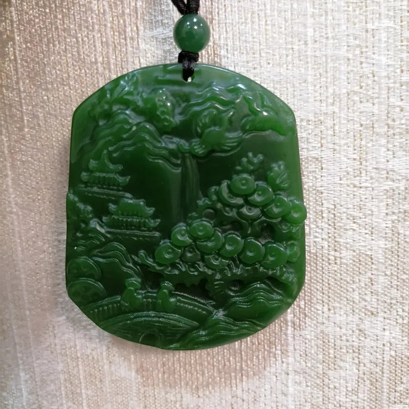 Green Hand-carved Jade Pendant Landscape Painting Necklace Gift