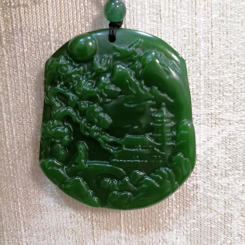 Natural Green Hand-carved Jade Landscape Pendant Jewelry Gift