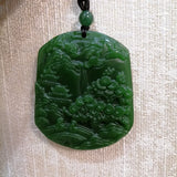 Green Hand-carved Jade Pendant Landscape Painting Necklace Gift