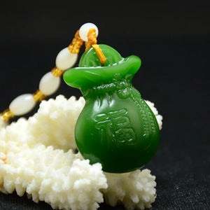 Green Hand-carved Lucky Bag Jade Pendant Necklace