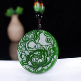 Green Hand-carved Peony Flower Jade Pendant Necklace