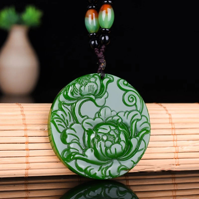 Green Hand-carved Peony Flower Jade Pendant Necklace