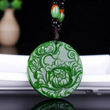 Green Hand-carved Peony Flower Jade Pendant Necklace