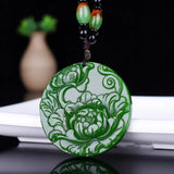 Green Hand-carved Peony Flower Jade Pendant Necklace
