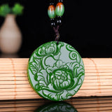 Green Hand-carved Peony Flower Jade Pendant Necklace