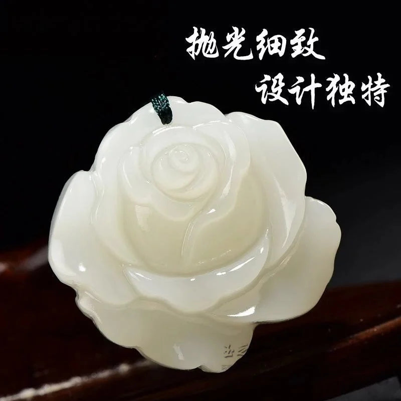 Hand-carved Green Jade Rose Flower Pendant Jewelry for Men and Women
