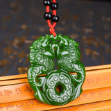 Natural Green Shuanglong Jade Pendant Necklace Antique Pattern