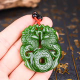 Natural Green Shuanglong Jade Pendant Necklace Antique Pattern