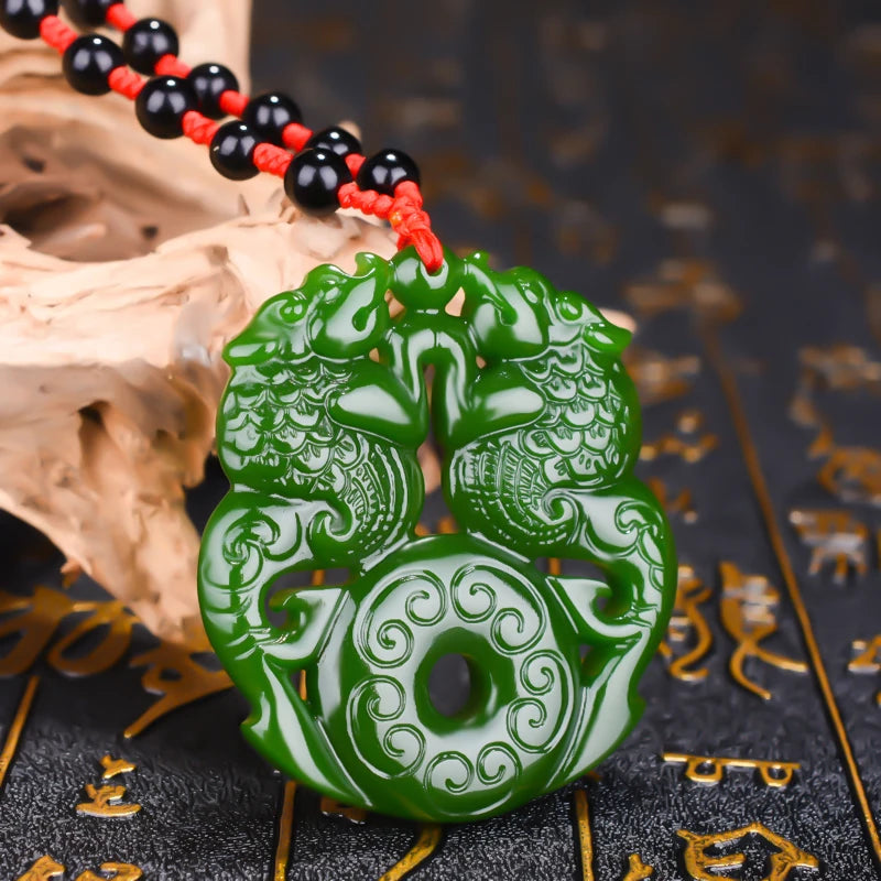 Natural Green Shuanglong Jade Pendant Necklace Antique Pattern