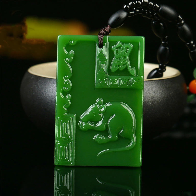 Hand-carved Zodiac Rat Jade Pendant Men Women Necklace Gift