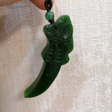 Green Handcrafted Double-sided Carved Wolf-tooth Jade Pendant Necklace
