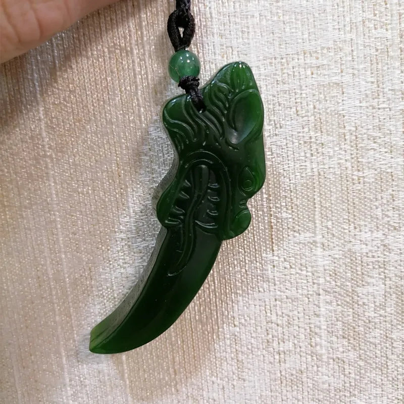 Green Handcrafted Double-sided Carved Wolf-tooth Jade Pendant Necklace