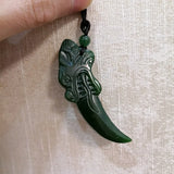 Green Handcrafted Double-sided Carved Wolf-tooth Jade Pendant Necklace