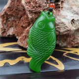 Natural Green Double-sided Carved Fish Jade Pendant Necklace