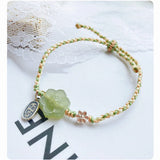 Green Hetian Jade Flowers Rope Weaving Bracelet 925 Silver Pendant