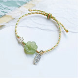 Green Hetian Jade Flowers Rope Weaving Bracelet 925 Silver Pendant