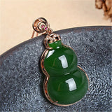 Green Hetian Jade Gourd Pendant 925 Silver Necklace Chinese Carved Charm Jewelry