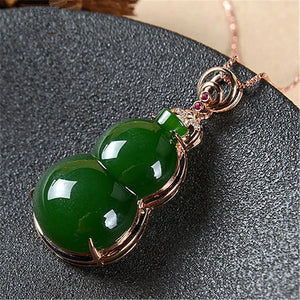 Green Hetian Jade Gourd Pendant 925 Silver Necklace Chinese Carved Charm Jewelry