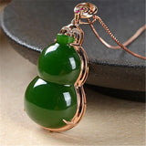 Green Hetian Jade Gourd Pendant 925 Silver Necklace Chinese Carved Charm Jewelry