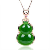 Green Hetian Jade Gourd Pendant 925 Silver Necklace Chinese Carved Charm Jewelry