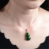 Green Hetian Jade Gourd Pendant 925 Silver Necklace Chinese Carved Charm Jewelry