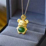 Green Hetian Jade Mouse Pendant 925 Silver Necklace Chinese Jadeite Amulet Charm