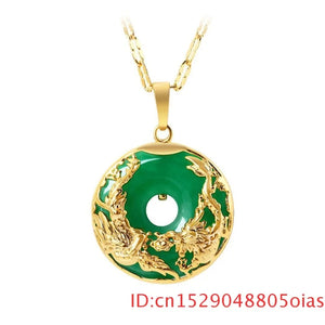 Green Hetian Jade Pendant Dragon Phoenix Necklace 925 Silver Chinese Jadeite Amu