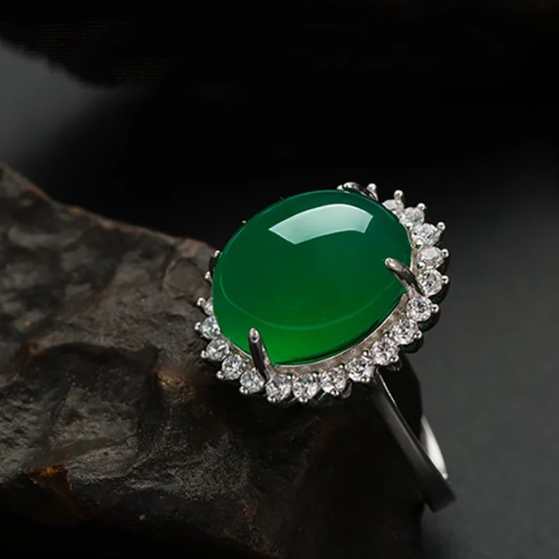 Natural Green Hetian Jade Ring 925 Silver Chinese Jadeite Amulet Charm Jewelry