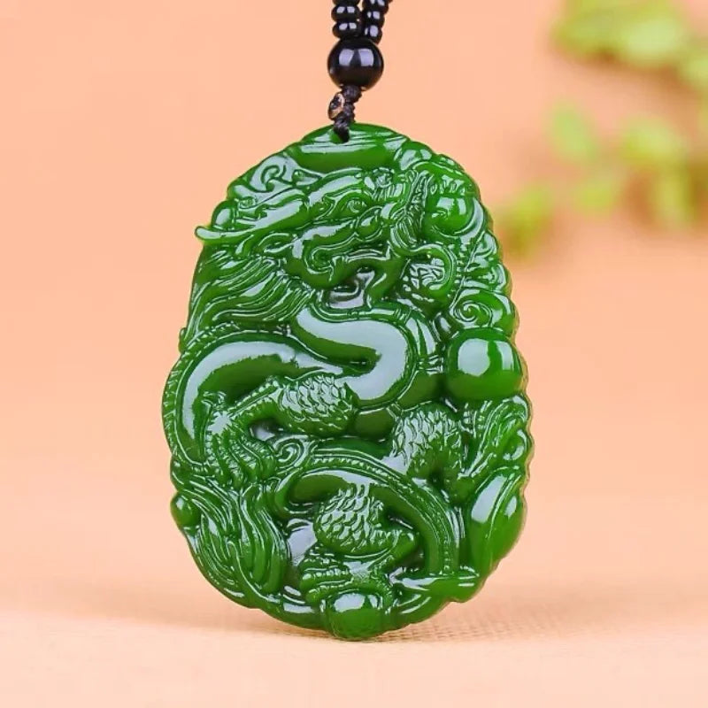 Green Hetian Jade Dragon pixiu Pendant Necklace Chinese Jadeite Jewelry