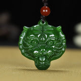 Green Hetian Jade Tiger Head Pendant Necklace Chinese Jadeite Jewelry
